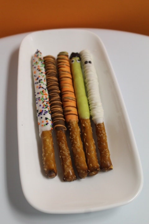 Halloween Themed Chocolate Covered Pretzel Rods - 1 Dozen