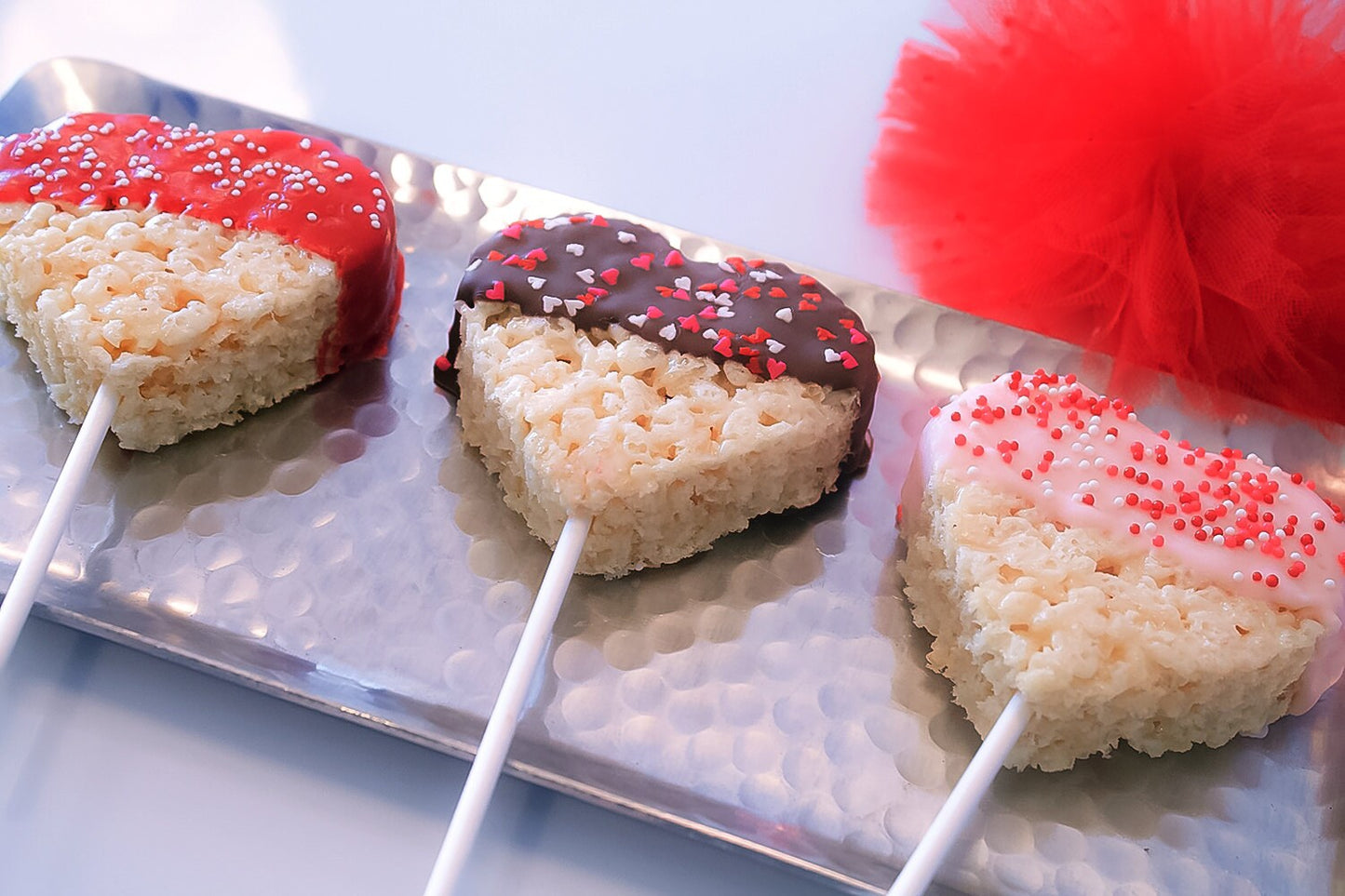 Mini Asst Valentine Boxes -Valentine Chocolate Dipped Treats - Chocolate Dipped Heart Rice Krispy Treat - 1 dozen