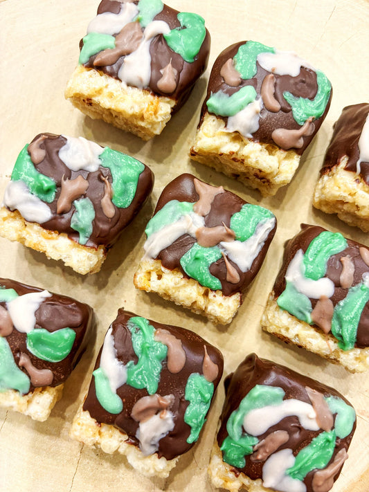 Camo Mini Rice Krispies - Camo Party Treats- Camo Birthday - Camo Birthday Party - Camo themed mini rice Krispy - 2 dozen